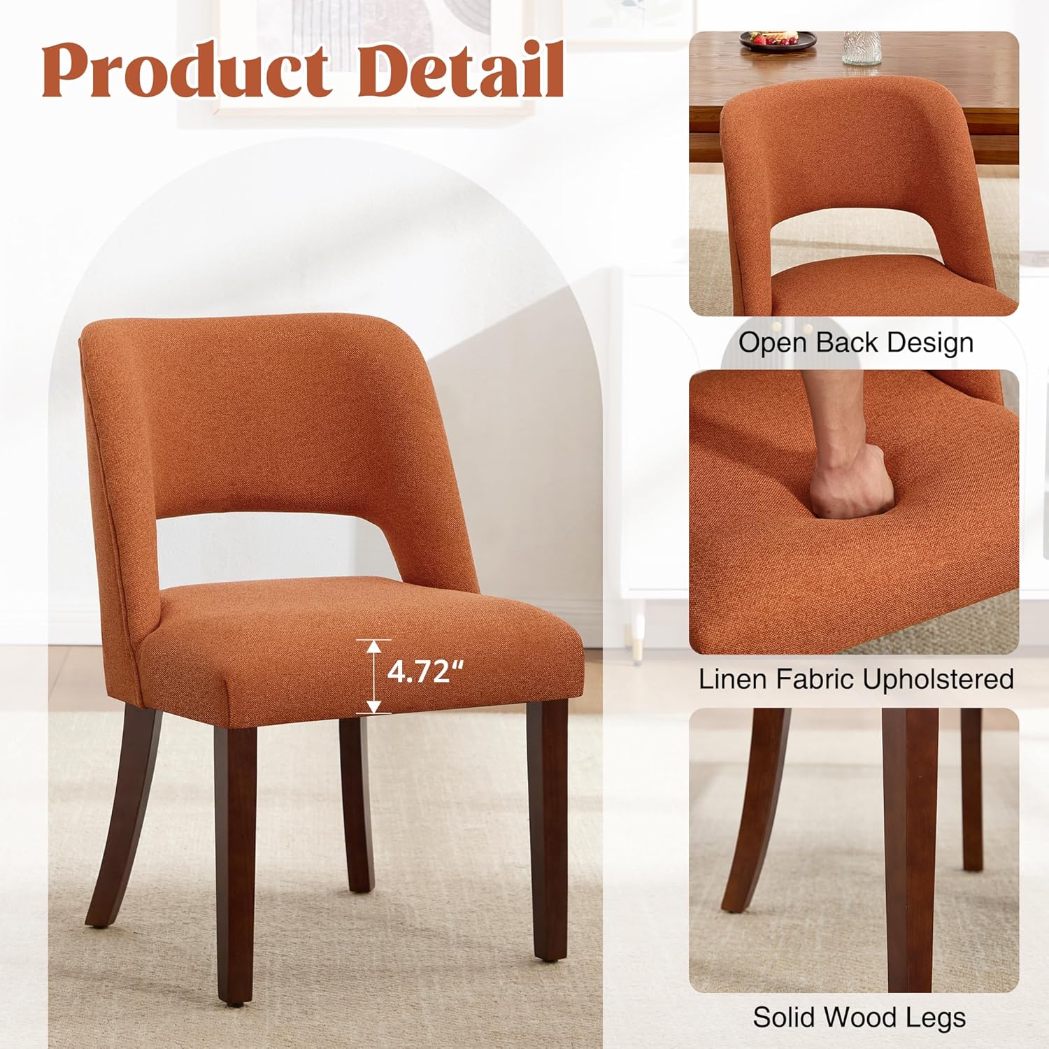 Dining Chairs Set of 4,Modern Dining Room Chairs with Thick Cushions,Upholstered Linen Fabric Kitchen Chairs for Kitchen Dining Room Orange