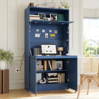 MERITLINE Compact Kitchen Pantry with Hutch and Foldable Workstation, Multifunctional 69''H Buffet Storage Cabinet with Adjustable Shelf & Power Outlet for Dining Living Room (Dark Blue)