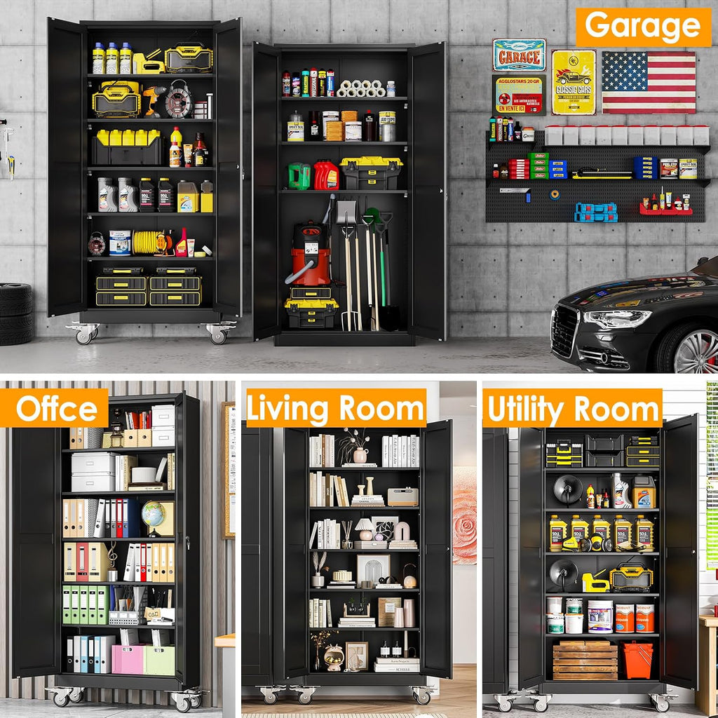 PAOFIN 75''H Metal Garage Storage Cabinet with Wheels,Steel File Cabinets with 2 Doors and 5 Adjustable Shelves for Home Office, Warehouse, Required Assembly,Black
