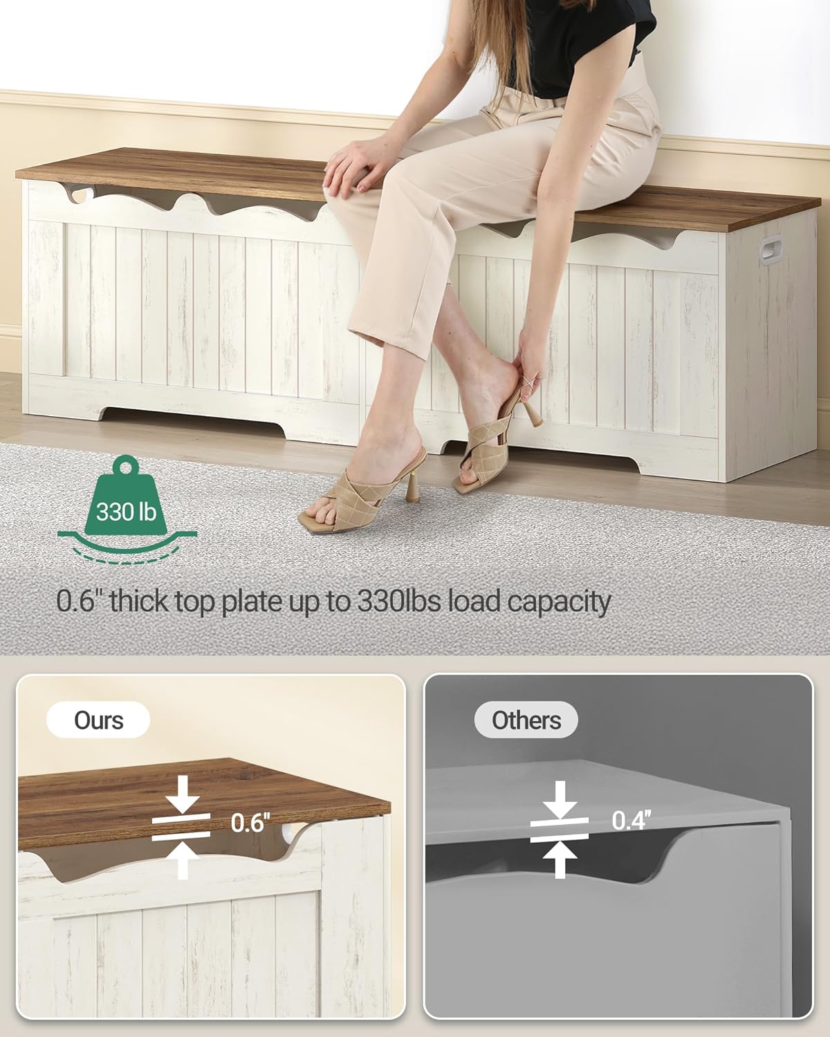 Hzuaneri 59" Storage Chest, Storage Bench Trunk with 2 Hinges, Wooden Box, Lift-Top Chest Organizer, Shoe Bench for Entryway, Bedroom, Living Room, Rustic White SB01514X
