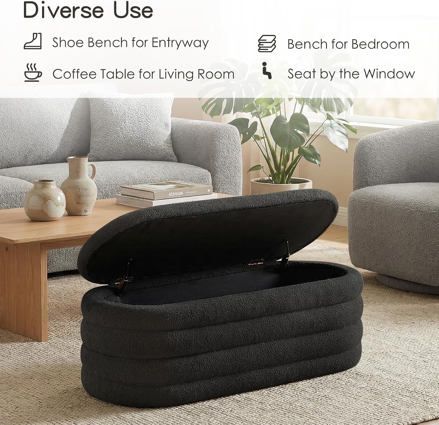 Furniliving Storage Ottoman Bench, 45'' Upholstered Boucle Ottoman with Storage, Aesthetic End of Bed Bench for Bedroom Living Room Entryway, Black
