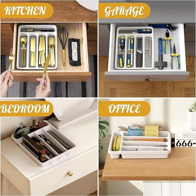 5-Slot Utensil Drawer Organizer for Silverware & Cutlery | Large Plastic Utensil Holder with Non-Slip Design, Silverware Drawer Organizer, BPA-Free (White)