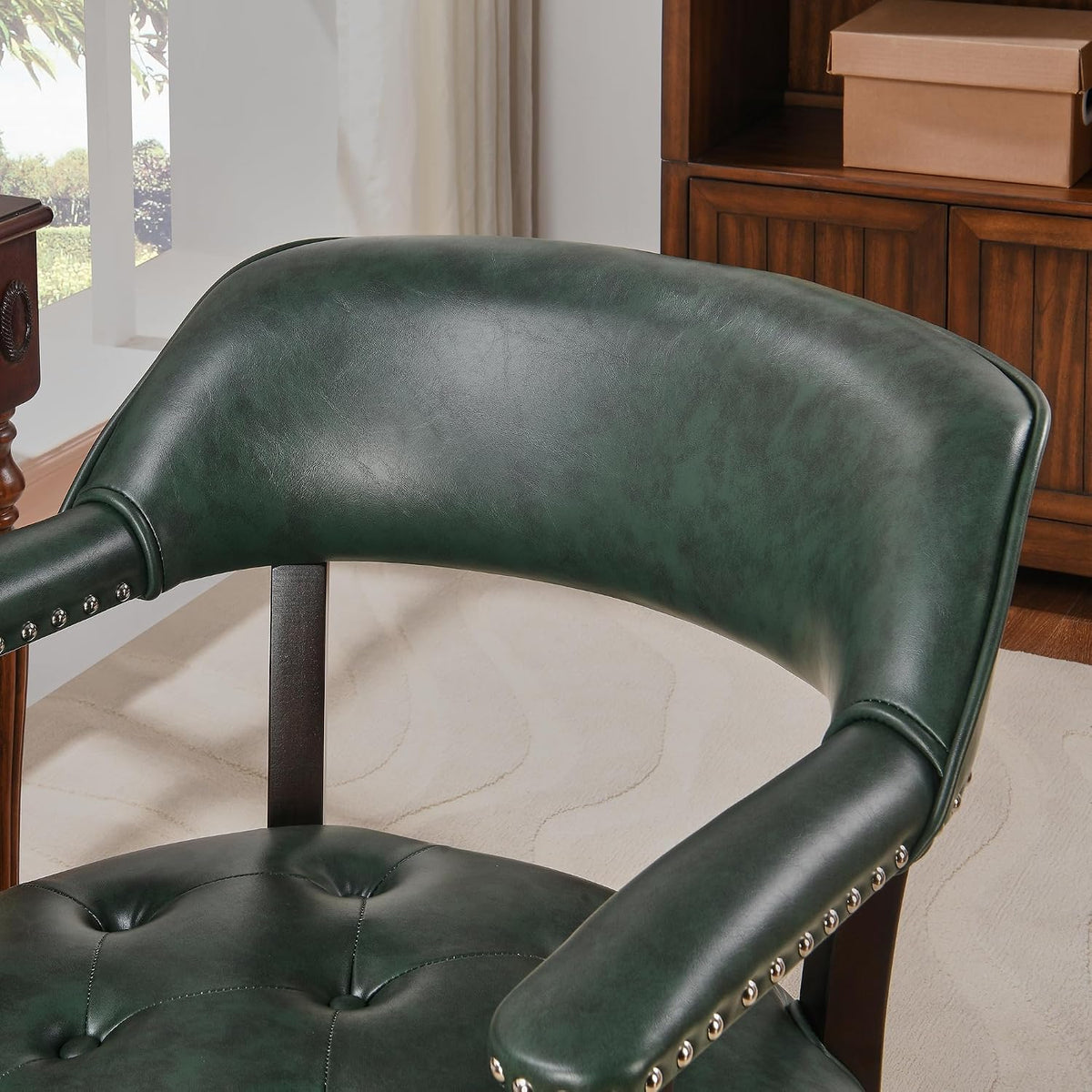 LEEMTORIG Set of 4 Large Dining Chairs with Casters and Arms, Rolling Dining Chairs with Wheels, Game Poker Chairs, Boss Caption's Chairs, 26" Dx25.2 Wx31.5 H, Espresso Legs & Green PU, XXY-1910-GN