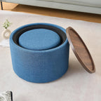 Nesting Storage Ottomans Set of 2, Round Coffee Table with Linen Upholstered Footstool, Wood Tray Top, 22.75" Diameter, Beige (Blue)