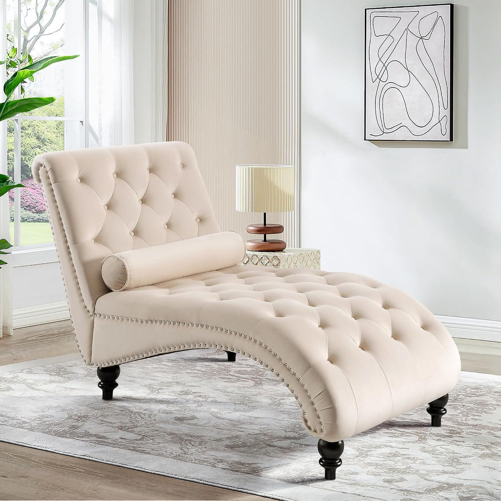 SLEERWAY Chaise Lounge Chair Indoor, Modern Velvet Upholstered Sofa with Solid Wooden Leg and Lumbar Pillow, Button Tufted Sleeper Chaise Lounge Chairs for Bedroom Living Room Office, Beige