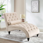 SLEERWAY Chaise Lounge Chair Indoor, Modern Velvet Upholstered Sofa with Solid Wooden Leg and Lumbar Pillow, Button Tufted Sleeper Chaise Lounge Chairs for Bedroom Living Room Office, Beige