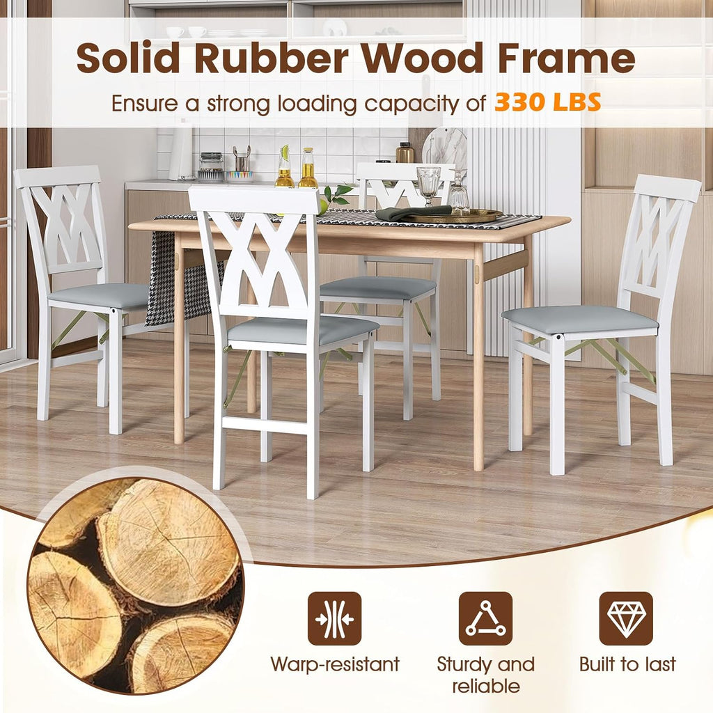 Giantex Folding Dining Chairs Set of 4, Upholstered Kitchen Chair w/Rubber Wood Frame, Padded Seat with PVC Leather, Hollowed Curved Backrest, Farmhouse Wooden Side Chairs for Home Restaurant