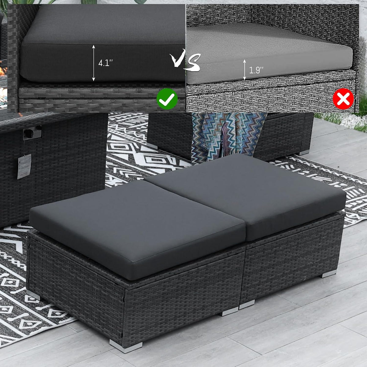 BULEXYARD 2 Pieces PE Rattan Patio Furniture Ottoman Sofas with Thick Cushions Outdoor Wicker Footrest for Backyard, Deck, Garden, Balcony (Dark Grey)