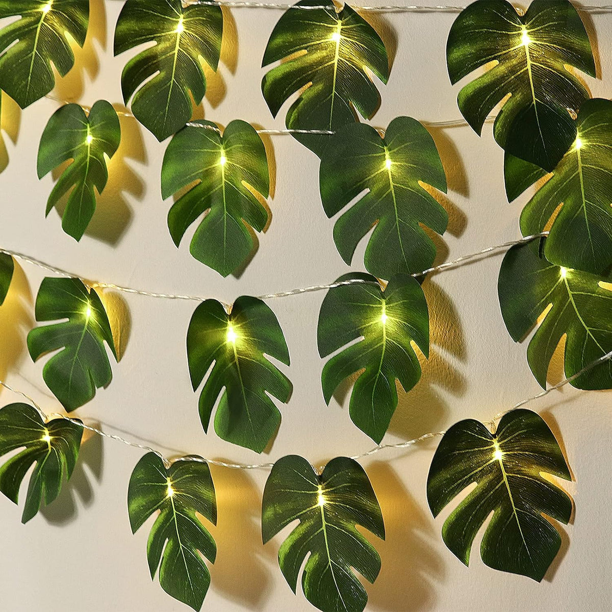 RECUTMS 20LED Monstera Leaf String Lights, Tropical Artificial Rattan Palm Leaves Wall Hanging Vine Greenery,Summer Decorations for Outdoor Indoor Hawaiian Luau Jungle Beach Theme Party Table Home