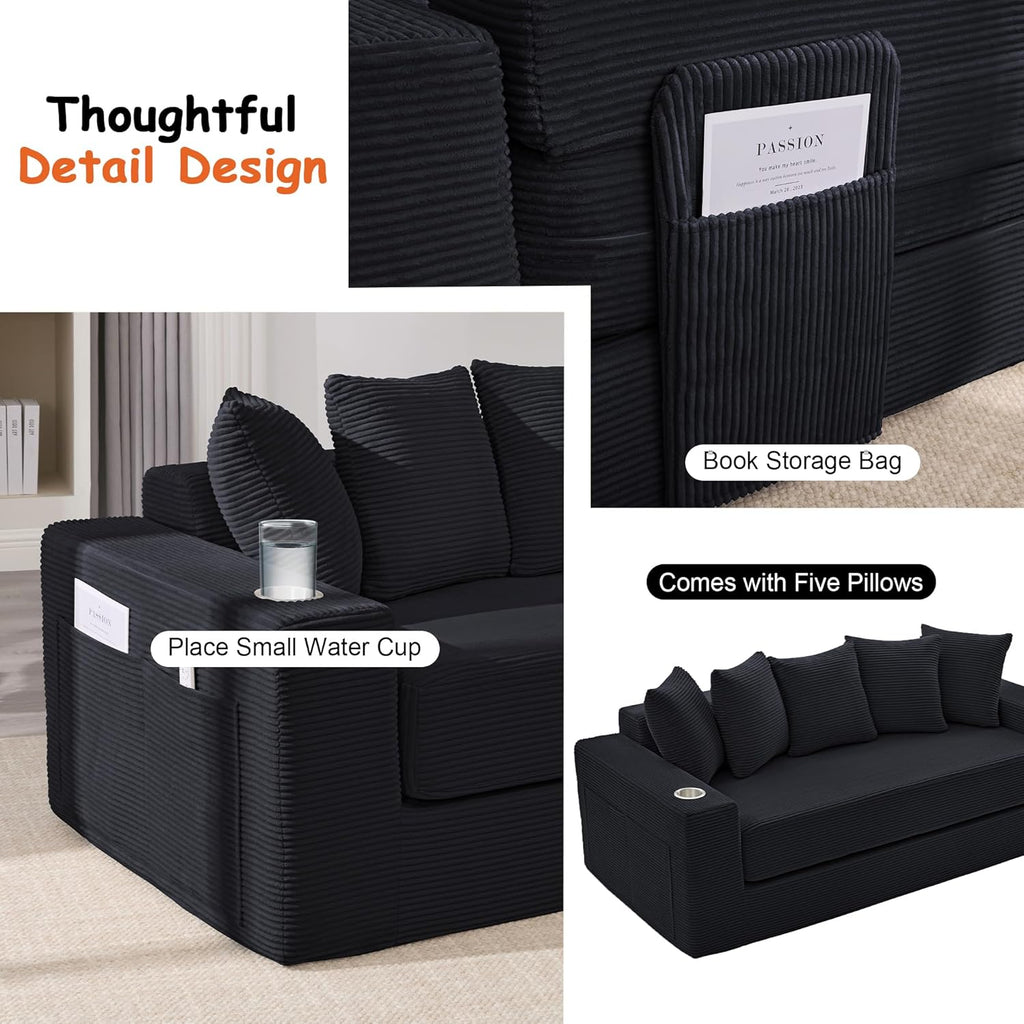 76" Convertible Sofa Bed, Corduroy Couch with Cup Holders & Pocket | 2-in-1 Sleeper Sofa, Pull-out Couch Bed with 5 Pillows, Living Room, Small Spaces, Bedroom, No Assembly