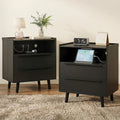 26 Inch Tall Black Oak Nightstands Set of 2 with Charging Station | Matching pair for a streamlined bedroom look; each 24 inch wide table has tray top, open shelf, and 2 drawers