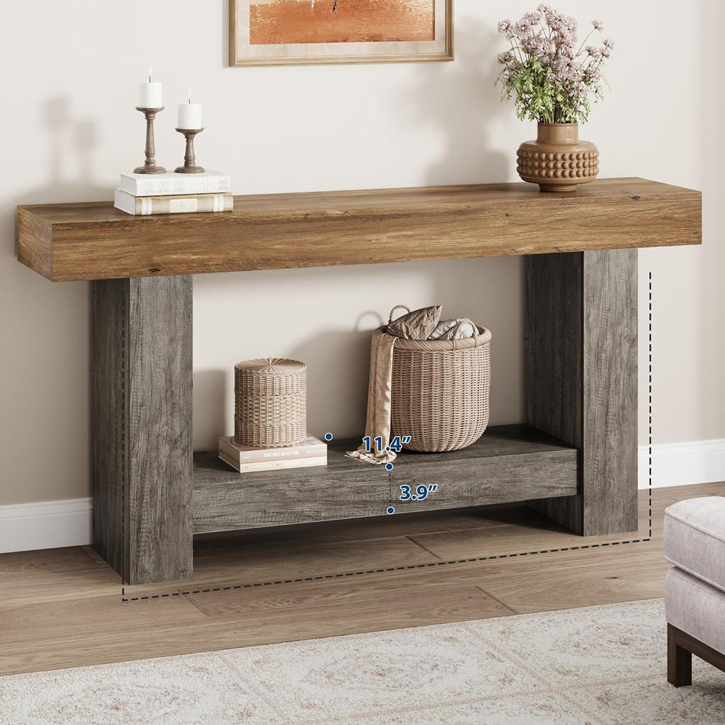Garvee 63" Farmhouse 2-Tier Console Table for Entryway, Brown and Grey | Sofa Table with Storage, Sturdy U-Shaped Base, Long Entryway Table for Living Room, Easy Assembly