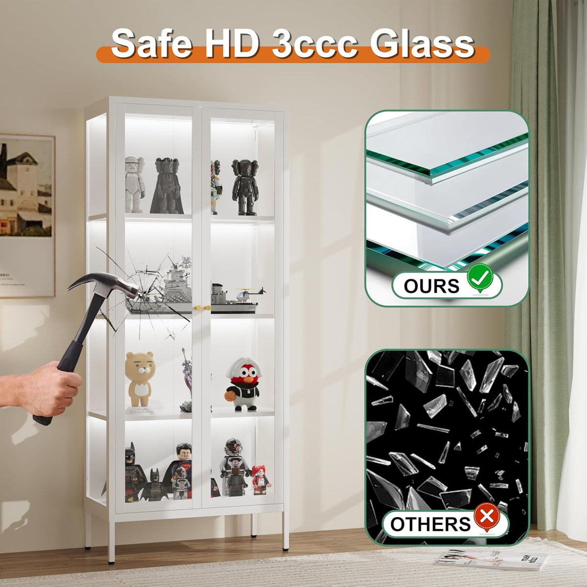 66" H Glass Display Cabinet 4-Tier,Lighted Display case,Curio Cabinet with Glass Doors and Adjustable Shelves, Display Shelf for Collectibles,Living Room
