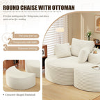 Round Chaise Lounge with Ottoman, Cloud Corduroy Curved Reading Lounge Sofa Chair with Cup Holders, Circle Memory Foam Chaise Chair and Ottoman Set for Study, Living Room, Sunroom, Beige