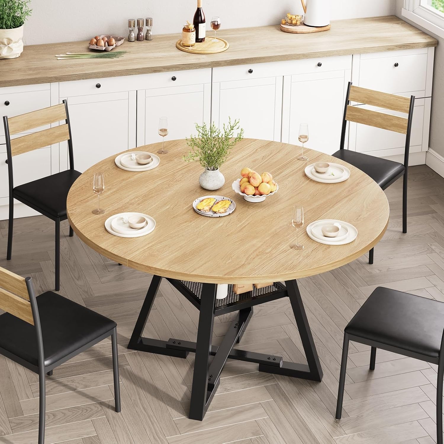 Jocoevol 47'' Round Dining Table for 4,Kitchen Dining Room Circle Dinner Pedestal Table,Space Saving Wood Kitchen & Dining Room Furniture (Natual Wood, 47In)