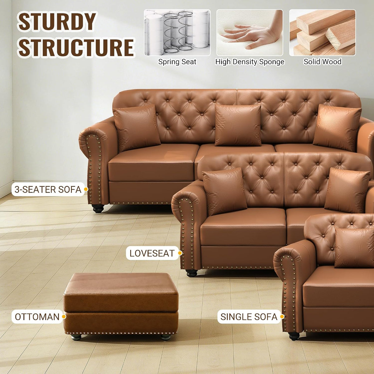 KEIKI 2-Piece Chesterfield Sofa Set with 1 Faux Leather 3-Seater Sofa & 1 Single Sofa, Upholstered 4-Seater Couch Set with Nailhead Trim & Rolled Arms & 1 Ottoman & 4 Pillow, for Living Room, Brown