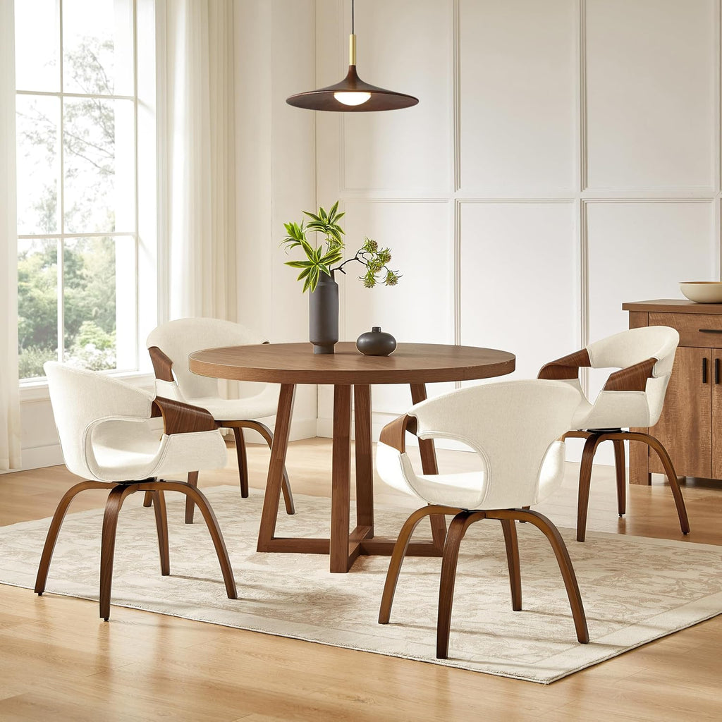 Zouron Mid-Century Swivel Dining Chair, Fabric Upholstered Accent Chairs with Bentwood Arms & Legs, Padded Armchair with Backrest for Kitchen, Dining Room, Living Room, Beige