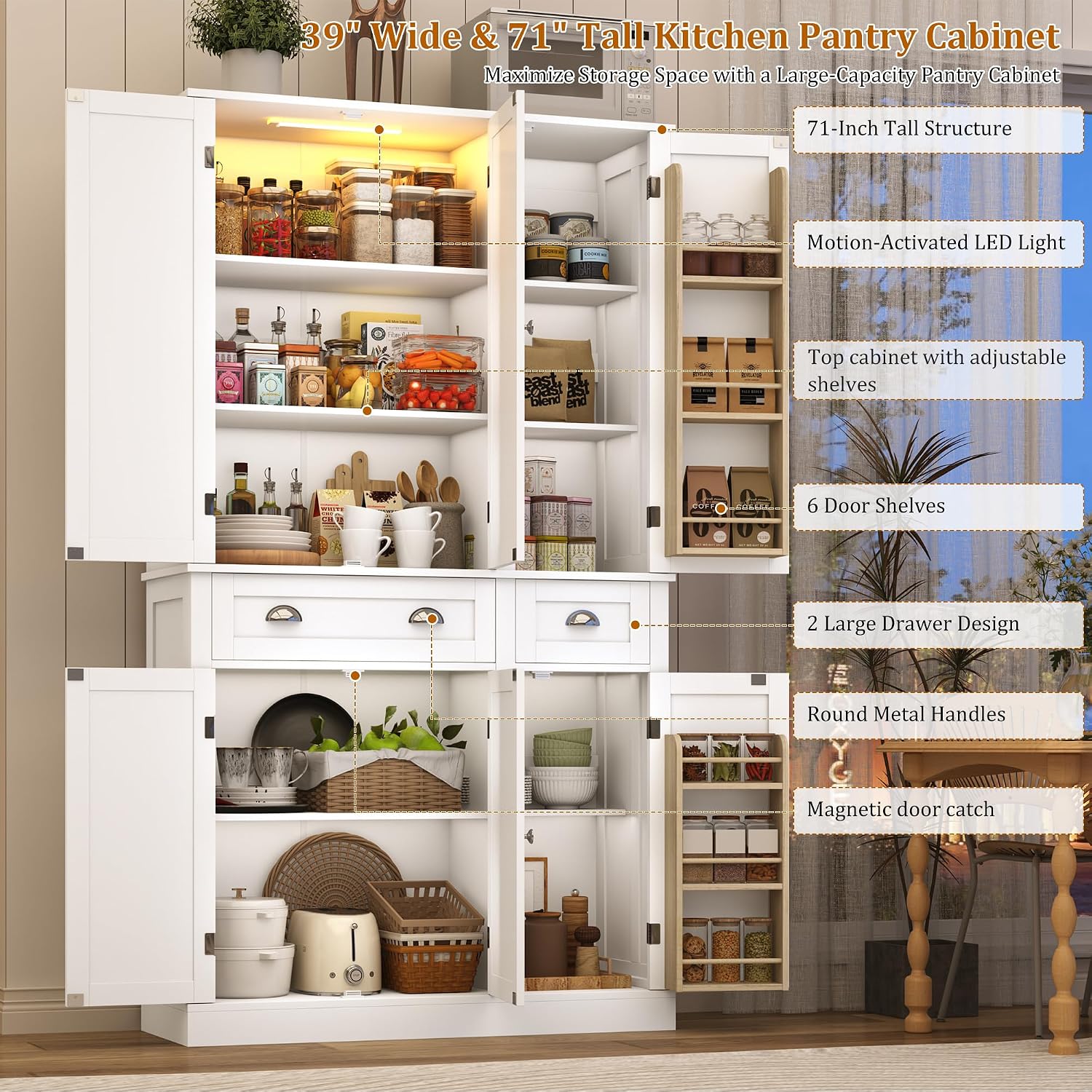 71"H Tall Kitchen Pantry Cabinet with LED Lights,39"W Modern Large Kitchen Hutch Cabinet w/6 Door Shelves,2 Large Drawer,Freestanding Food Pantry w/Adjustable Shelves for Kitchen,Dining Room,White
