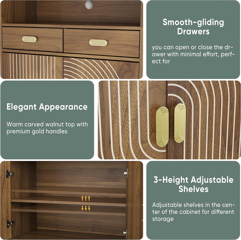 Smart FENDEE 70.87" Tall Kitchen Pantry Cabinet with Line Grooved Doors, Storage Cupboard with 2 Drawers, Adjustable Shelves & Gold Handles for Dining Room, Bathroom, Walnut
