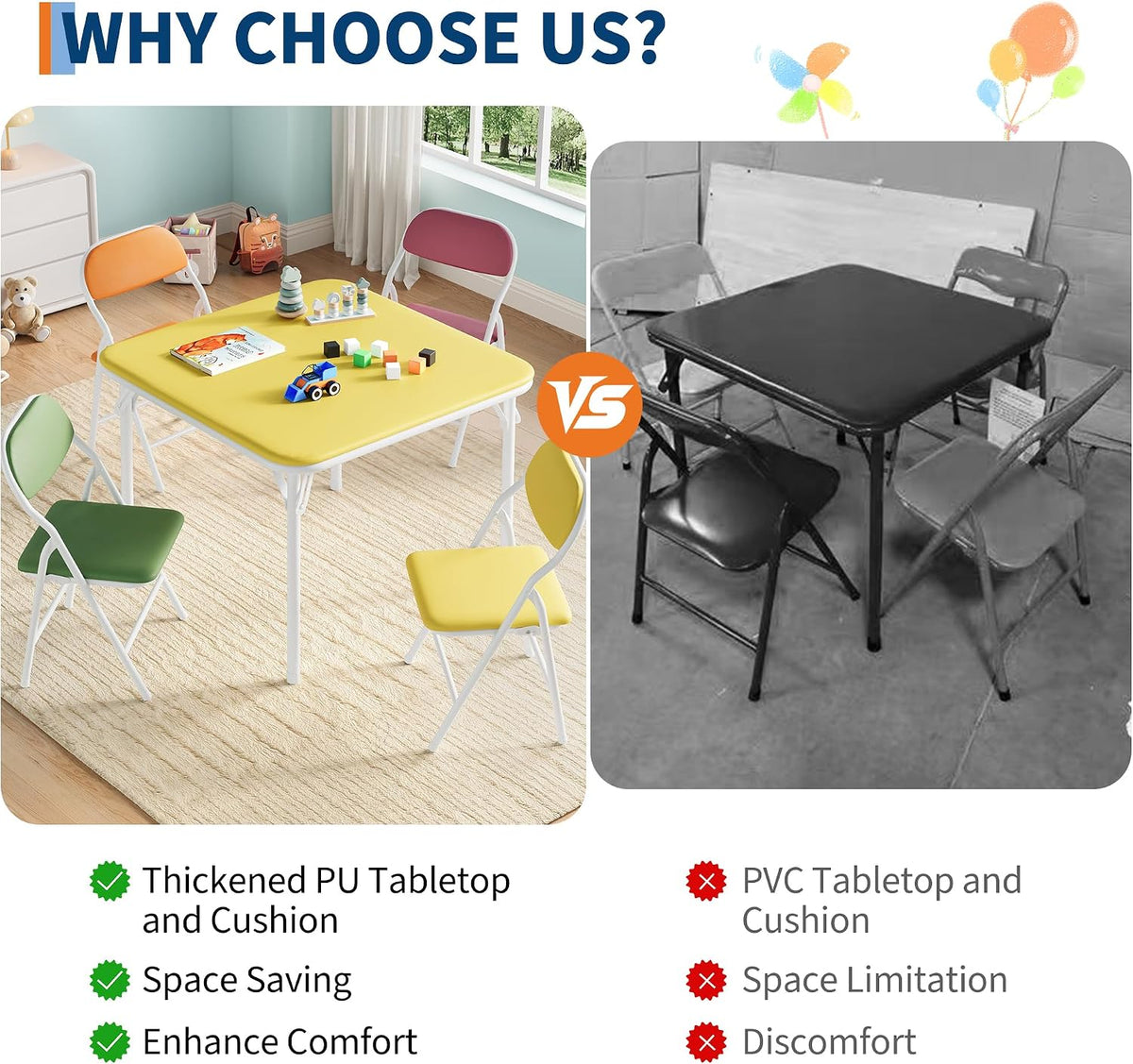 IDEALHOUSE 3 Piece Folding Kids Table and Chairs Set, Activity Table Set | 5 Piece Set for Dining Room,Daycare,Classrooms