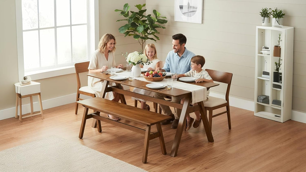 LukeAlon Rustic Solid Wood Long Dining Bench, Walnut Color | Heavy Duty Farmhouse Footstools For Dining Table Hallway Kitchen Living Room