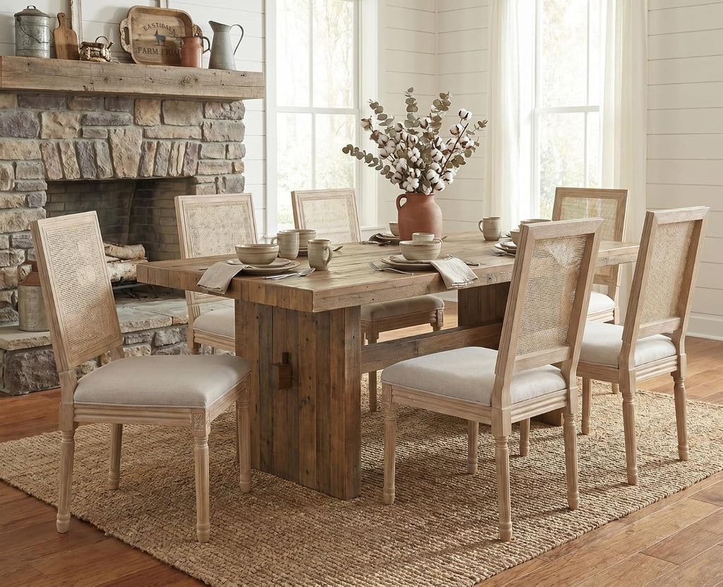 CIMOTA Farmhouse Dining Chairs Set of 8, French Rattan Dining Room Chairs with Rectangle Back/Distressed Wood Upholstered Vintage Side Chairs for Kitchen/Restaurant, Linen Beige/8PCS