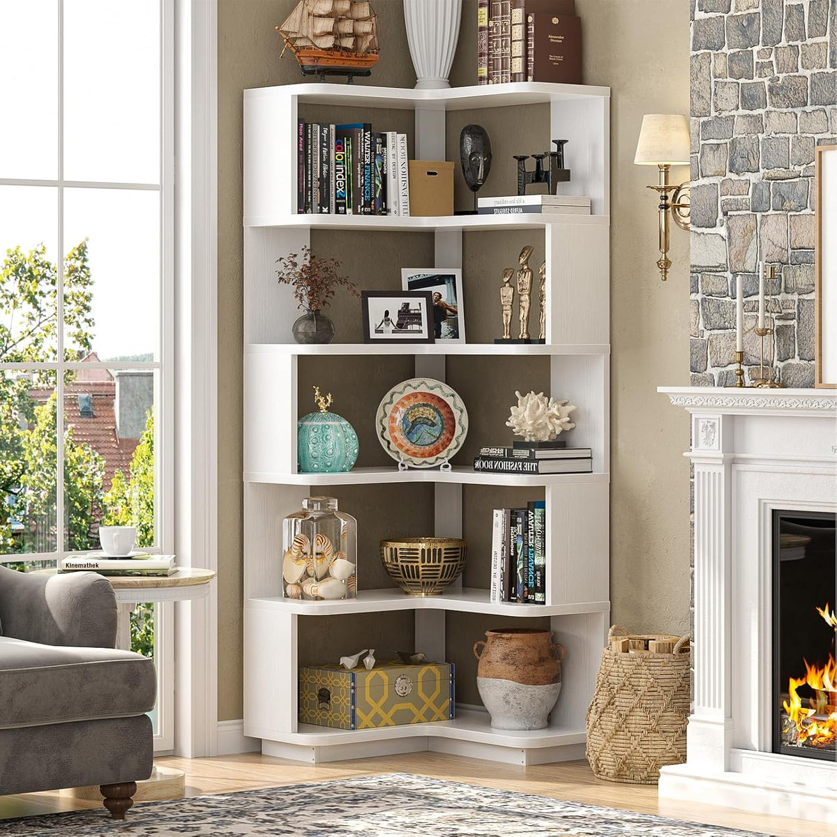 Armocity Corner Book Shelf, 6-Shelf L Shaped Corner Bookshelf with Baffle