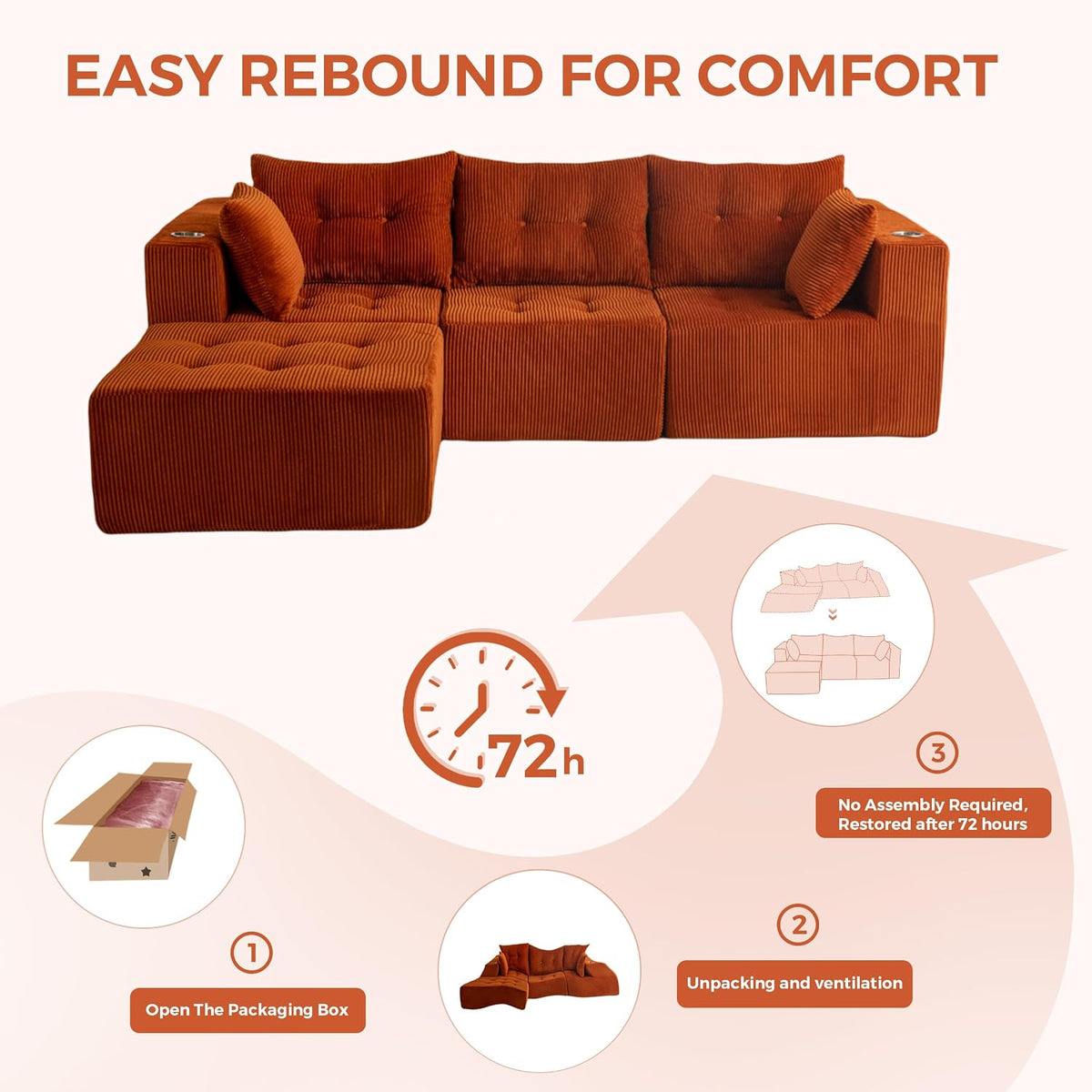 MAXYOYO Couch, L-Shaped Modular Cloud Couch, 4-Seat Sofa, Ottoman | Orange Tufted Sofa in a Box Includes One Ottoman, No Assembly, Offering Flexible 4-Seat Comfort for Modern Living Rooms