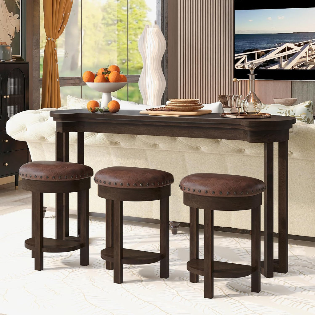Merax 4 Piece Bar Table Set with 3 PU Upholstered Bar Stools, Solid Wood Counter Height Kitchen Table Set, Breakfast Table with 3 Padded Stools for Living Room, Dining Room, Espresso