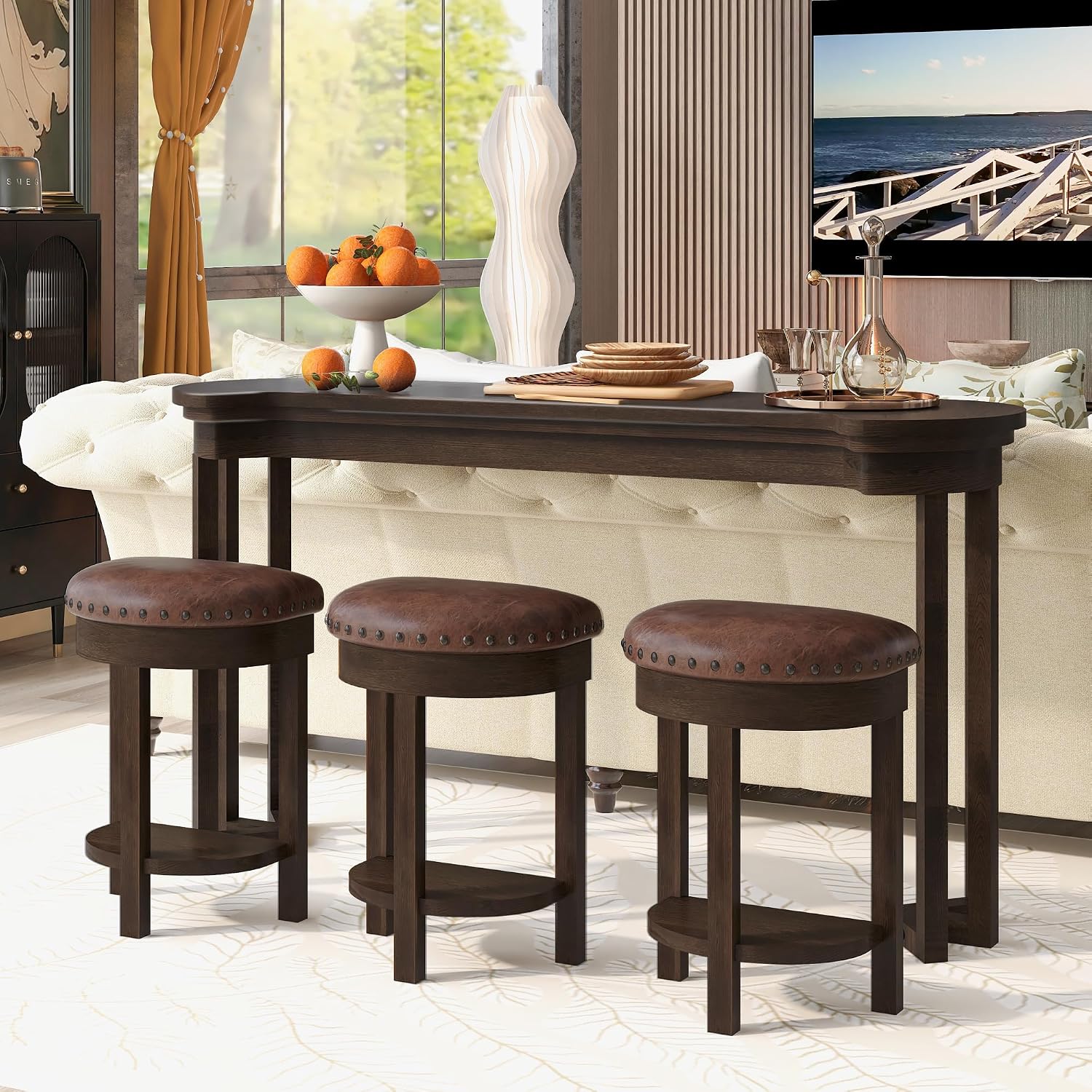 Merax 4 Piece Bar Table Set with 3 PU Upholstered Bar Stools, Solid Wood Counter Height Kitchen Table Set, Breakfast Table with 3 Padded Stools for Living Room, Dining Room, Espresso