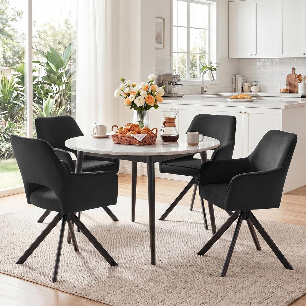 Furniliving Modern Swivel Dining Chairs Set of 4, Upholstered Chenille Dining Room Chairs with Thicken Cushion, 360° Rotating Kitchen Chairs with Metal Legs for Dining Room, Living Room