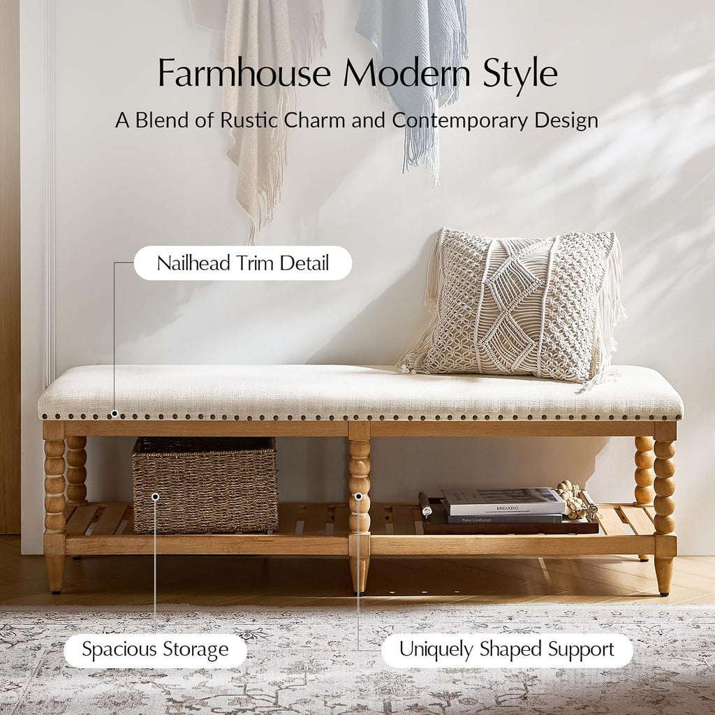HULALA HOME Entryway Bench with Soild Wood Shelf, 58" Upholstered Shoe Storage Bench with Spindle Legs, Nailhead Trim Detail for Bedroom, Living Room, Hallway, Ivory
