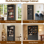 71" Tall Farmhouse Kitchen Pantry, Large Storage Cabinet with Glass Doors, Adjustable Shelves + 3 Drawer, Wood Versatile Hutch Cabinet for Dining Room, Living Room， Black，2Pcs