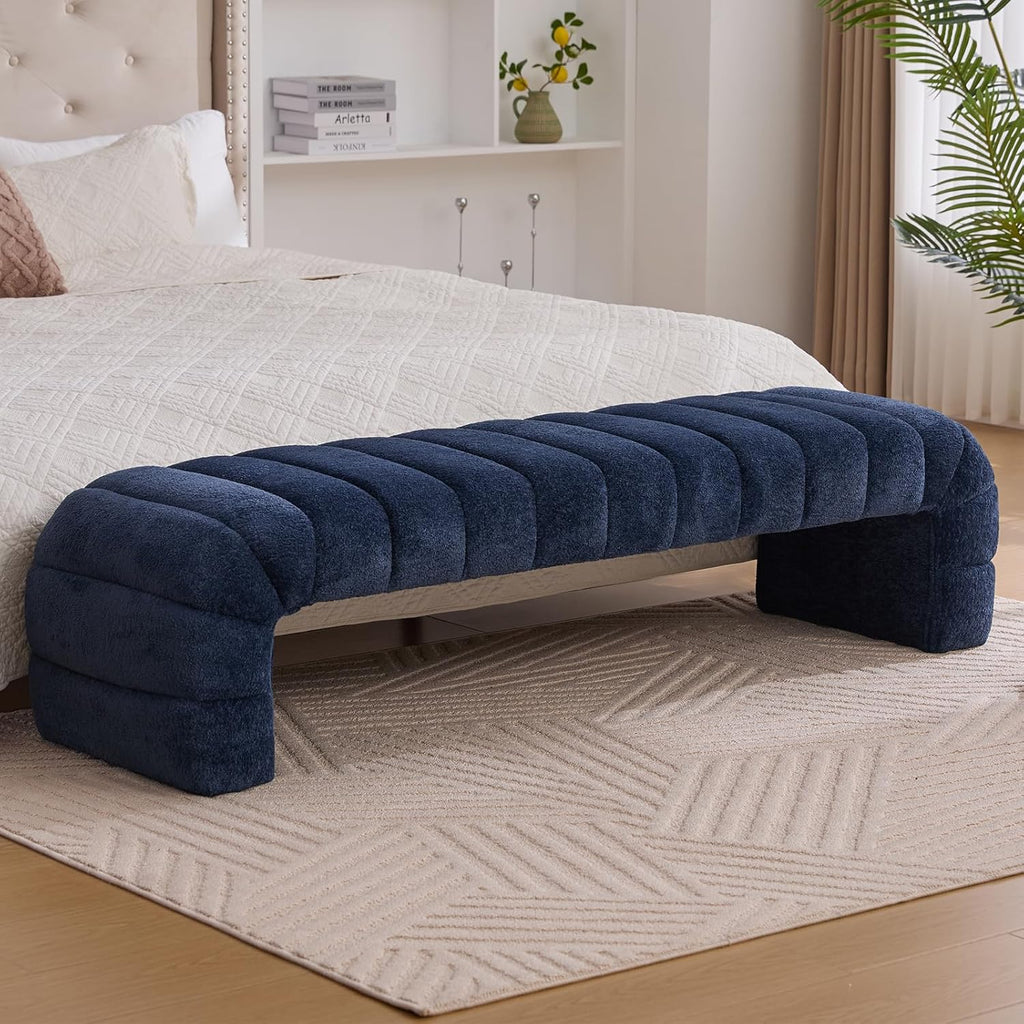 NIOIIKIT 69.7" Ottoman Bench, Teddy Upholstered Queen Size End of Bed Bench, Channel Tufted Entryway Bench with Cushion, Long Bedroom Bench, Window Bench Seat for Entryway, Living Room (Navy)