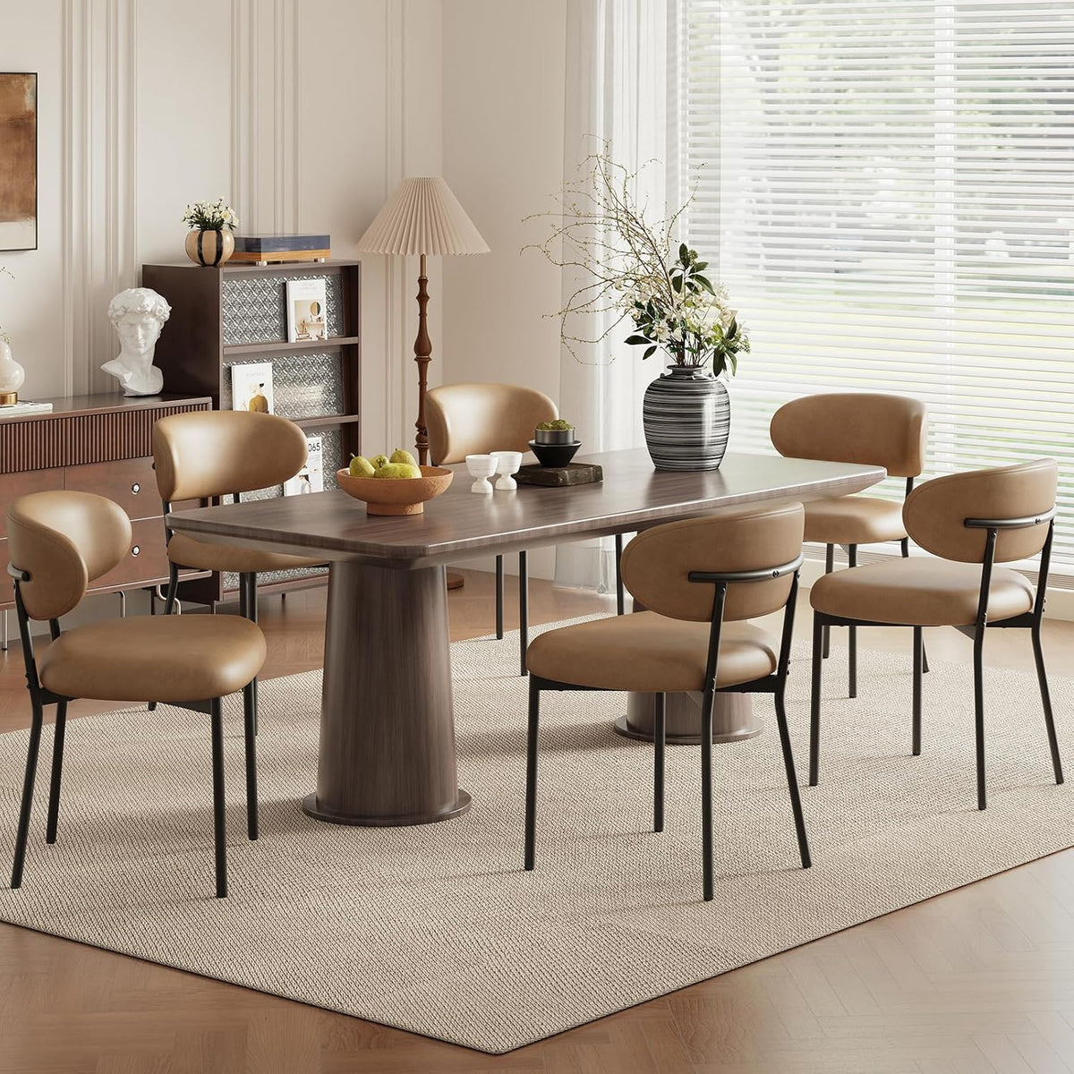 Upholstered Dining Chairs Set of 6, Modern Faux Leather Kitchen Chairs with Curved Backrest and Cushioned Seat, Sturdy Metal Legs, Modern Dining Chairs for Kitchen Dining Room, Living Room,Brown