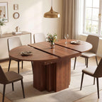 Extendable Round Dining Table, 45.3"-61" Space Saving Oval Kitchen Table with Self-Storing Butterfly Leaf, Modern Farmhouse Walnut Dining Room Table with Fluted Pedestal Base for 4-6 People