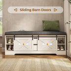 UPOSOJA 60“ Farmhouse Storage Bench with Cushion, Shoe Rack with Slide Barn Doors, Adjustable Shelf and 2 Drawer for Entry, Bedroom, Closet, Living Room, Hallway (White Brown, 60 in)