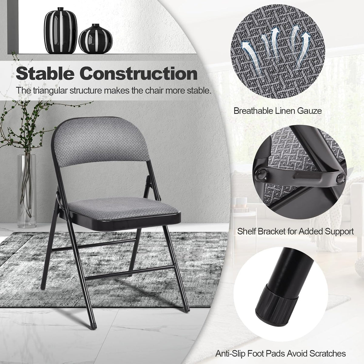 GIANTEX 6-Pack Folding Chairs Set - Waiting Room Chairs with Metal Frame, Fabric Upholstered Padded Seat, Foldable Party Chair Set, Event Chair, Folding Guest Chairs Set of 6, Grey
