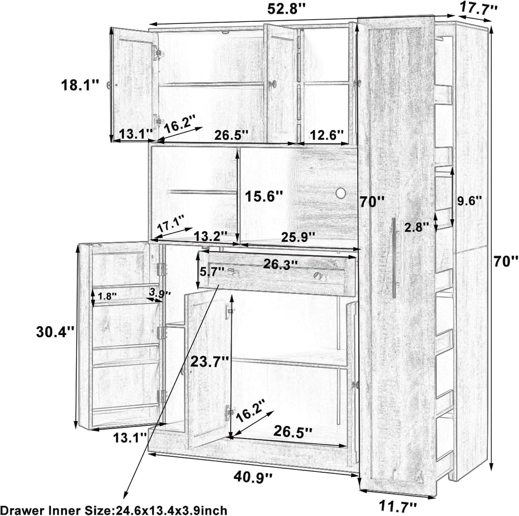 roomfitters Large Kitchen Pantry Cabinet with Pull-Out Side Storage and Hutch, Shaker Style Buffet, Brown