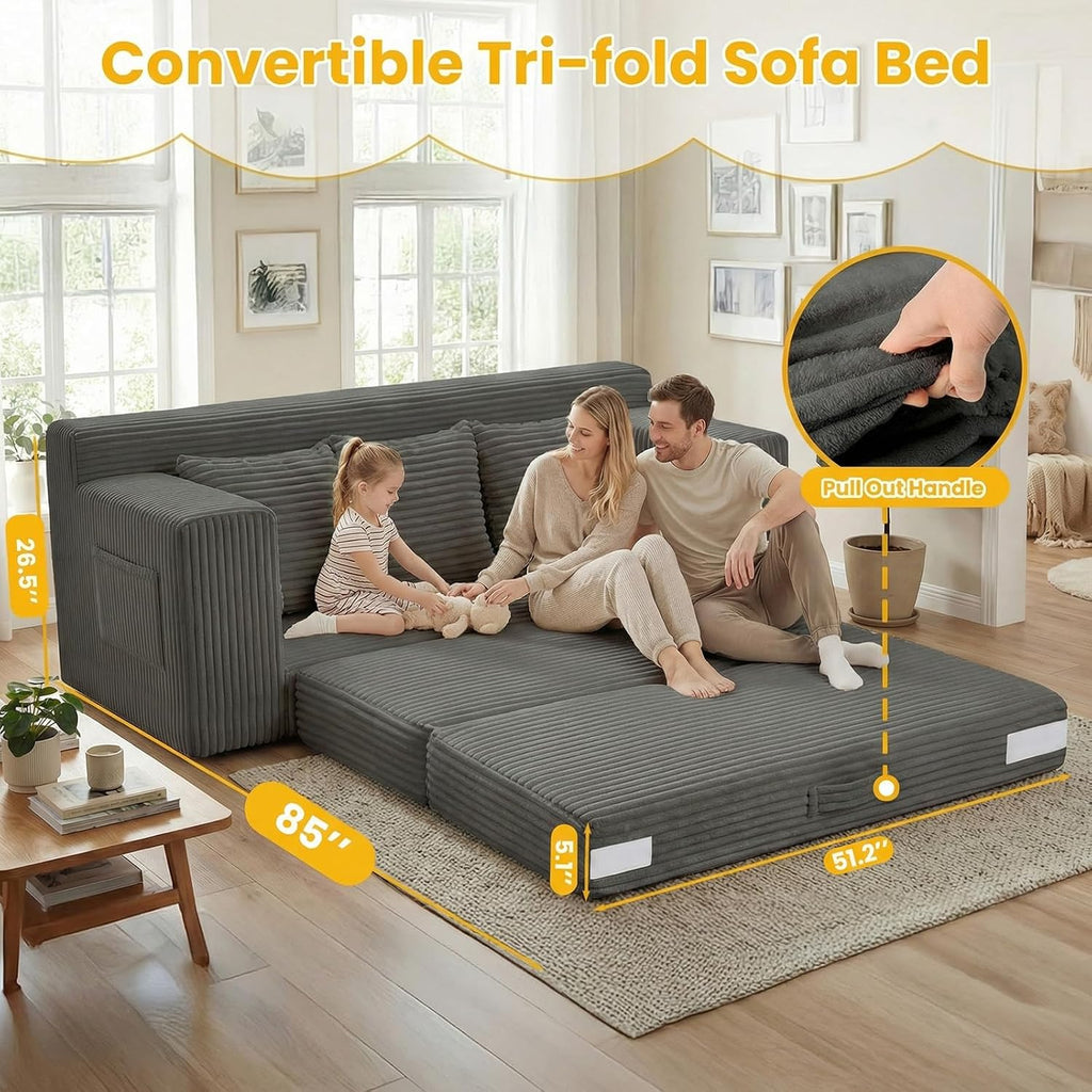 Couch,3 Seater Couch Bed – 3-in-1 Convertible Sleeper Sofa with Side Pockets & Handle,Pull Out Corduroy Futon for Small Space,Living Room & Bedroom, 3 Pillows Included,No Assembly