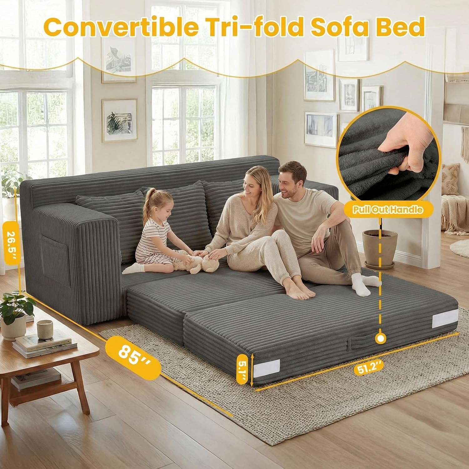 Couch,3 Seater Couch Bed – 3-in-1 Convertible Sleeper Sofa with Side Pockets & Handle,Pull Out Corduroy Futon for Small Space,Living Room & Bedroom, 3 Pillows Included,No Assembly