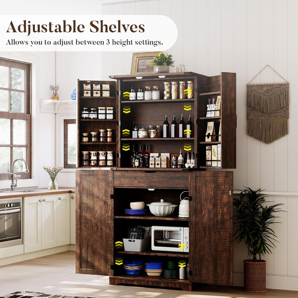 HOMPUS 71" Tall Kitchen Pantry Cabinet with Doors and Drawer, Farmhouse Storage Cabinet with Adjustable Shelves, Rustic Wood Cupboard for Kitchen, Dining Room, Living Room, Bathroom, Rustic Brown