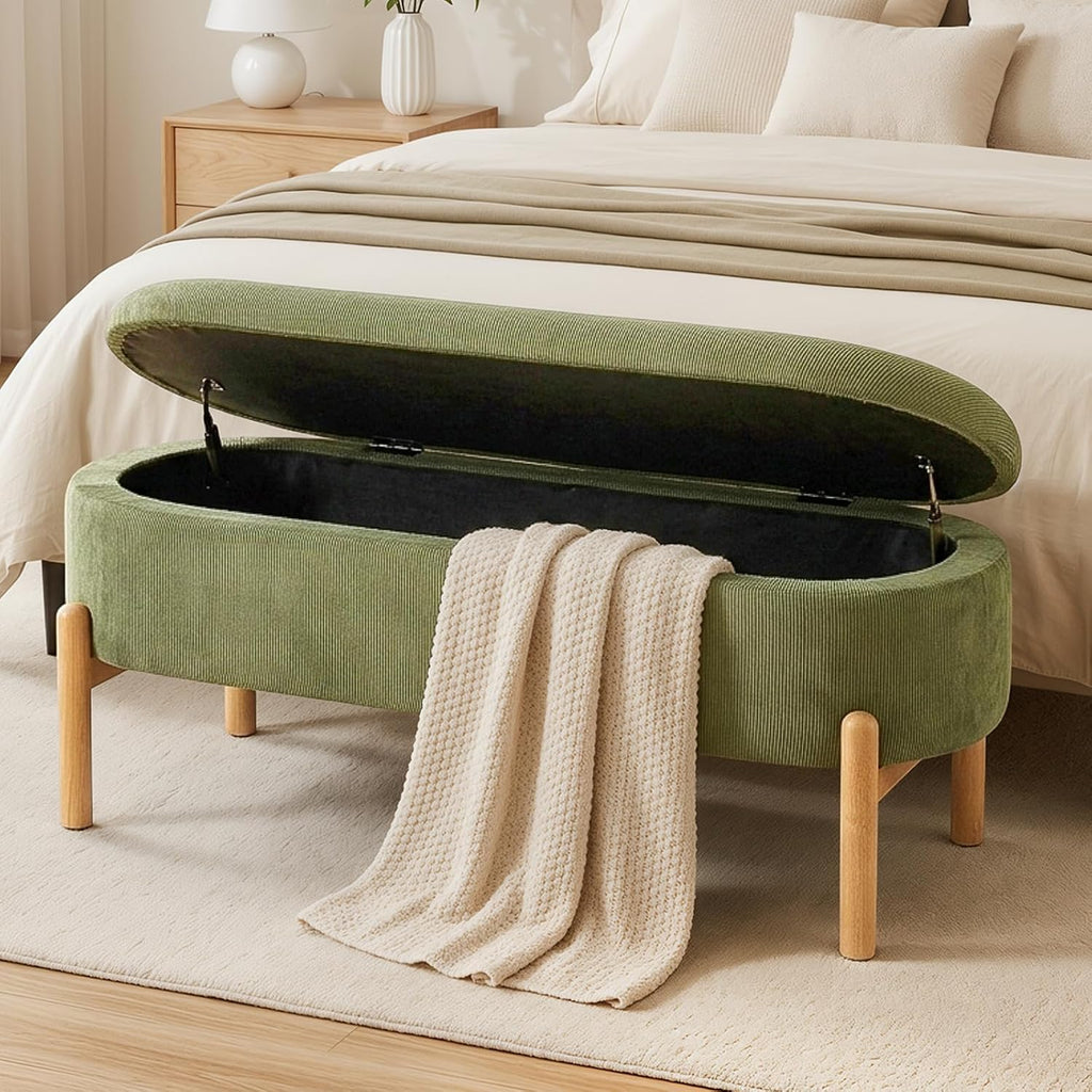 Storage Bench Ottoman With Hidden Storage And Corduroy Fabric, Green | Oval Upholstered Bench For Bedroom, Living Room, Entryway, Or Under Window With Soft Seat, Safety Hinge, And Wood Legs