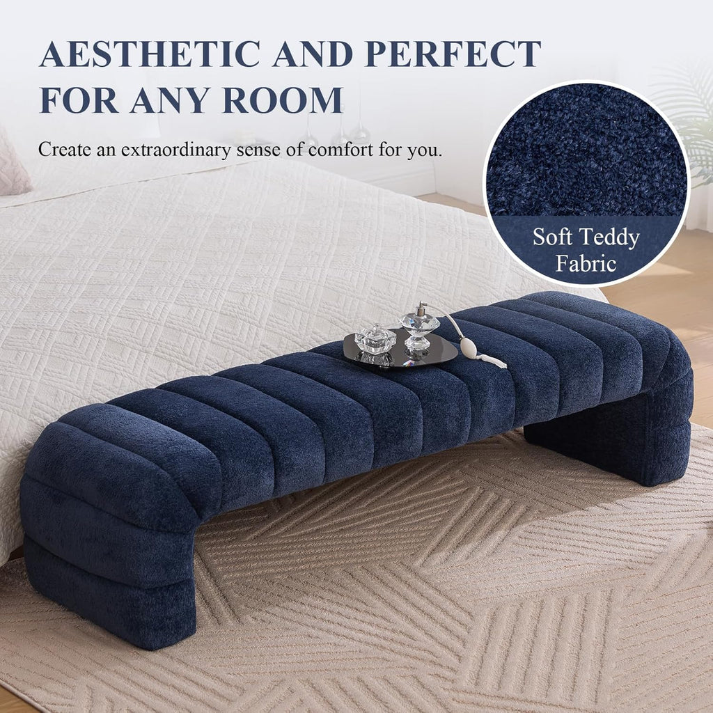 NIOIIKIT 69.7" Ottoman Bench, Teddy Upholstered Queen Size End of Bed Bench, Channel Tufted Entryway Bench with Cushion, Long Bedroom Bench, Window Bench Seat for Entryway, Living Room (Navy)