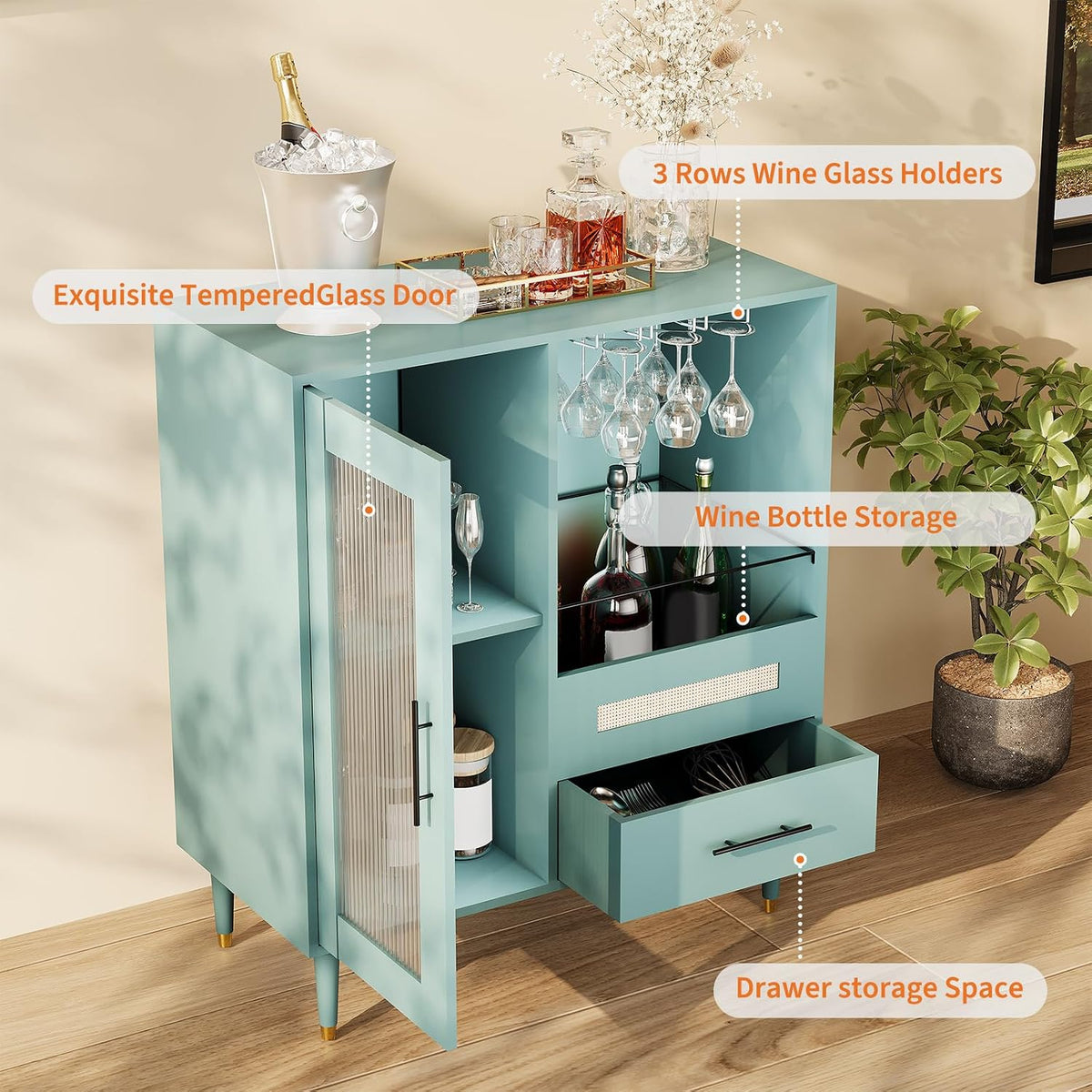 Modern Wine Bar Cabinet with Tempered Glass Door – Wine Rack, Drawers & Ample Storage – Freestanding Sideboard Buffet for Dining Room, Kitchen, or Coffee & Liquor Display – Green