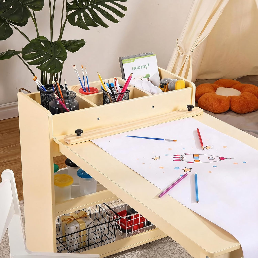 PlayfulPals Kids Art Table with 2 Chairs Set, Toddler Craft Desk with Storage Shelves, Drawing Table with Paper Roller Yellow