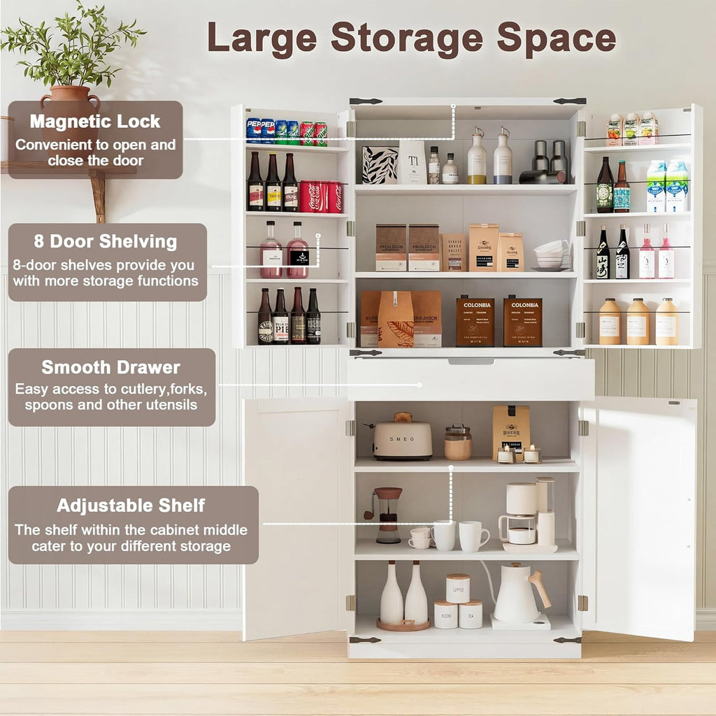 GRUSIGN 72" Kitchen Pantry Storage Cabinet with Doors and Shelves, Wood Farmhouse Pantry Storage with Barn Doors for Kitchen, Dining Room, Living Room