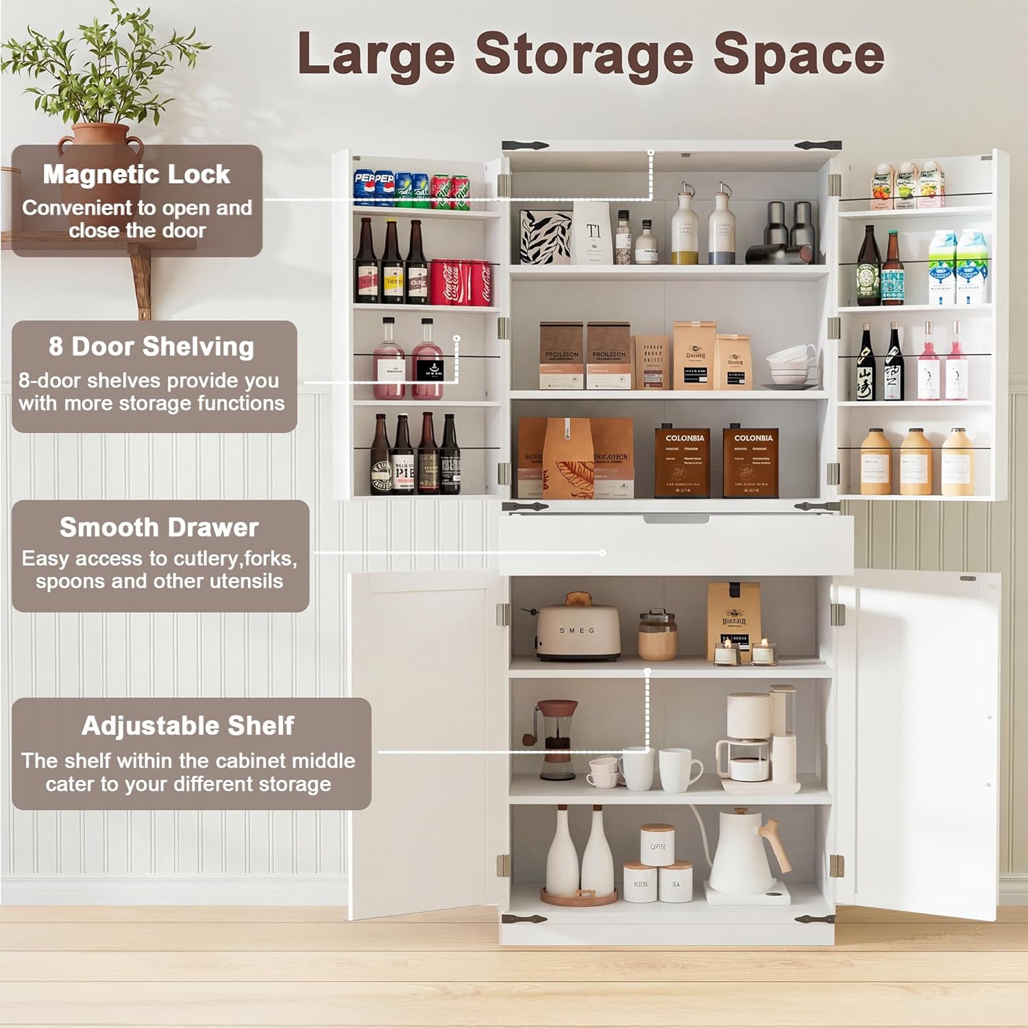 GRUSIGN 72" Kitchen Pantry Storage Cabinet with Doors and Shelves, Wood Farmhouse Pantry Storage with Barn Doors for Kitchen, Dining Room, Living Room
