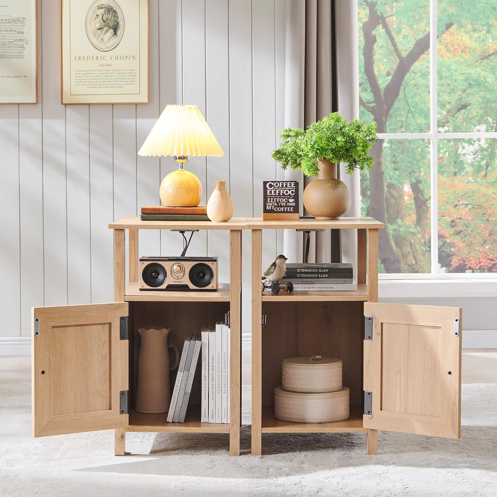 IFGET Farmhouse Nightstand Set of 2, End Table with Charging Station, Rustic Side Table w/Barn Door & Open Shelves, Bedside Table w/Storage Space and Storage Cabinet for Bedroom, Living Room (Natural)