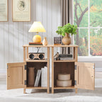 IFGET Farmhouse Nightstand Set of 2, End Table with Charging Station, Rustic Side Table w/Barn Door & Open Shelves, Bedside Table w/Storage Space and Storage Cabinet for Bedroom, Living Room (Natural)